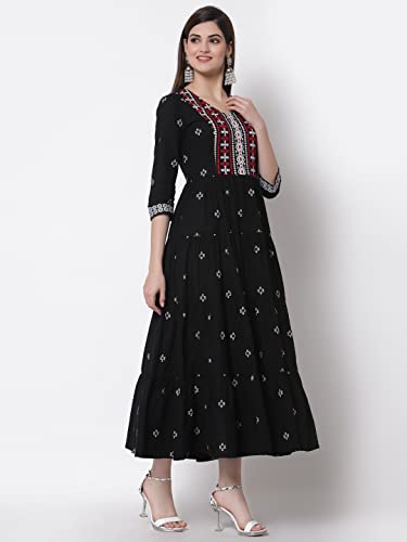 Image of Rangavali Black Tiered Dress for Women | Western A-Line Embroidery Maxi Long Dresses for Womens | Mangalgiri Cotton 3 /4 Sleeves 1 Piece Dress for Ladies | All