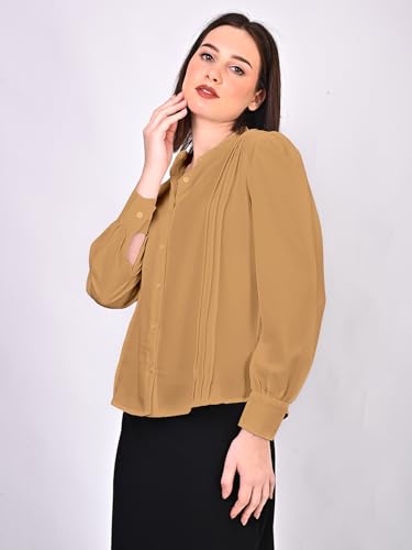 Image of Women's Regular Fit Solid Pleated Cotton Blend Shirts