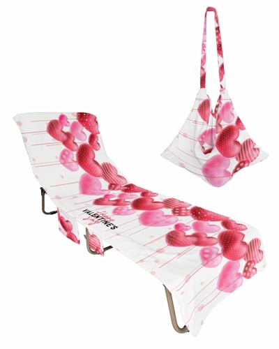 Red Pink Valentine's Day Beach Lounge Chair Towel Cover, Soft Chaise Lounge Towel with Side Pockets Patio Pool Chairs Cover for Beach/Pool Sunbathing 29x85 Love Heart Watercolor