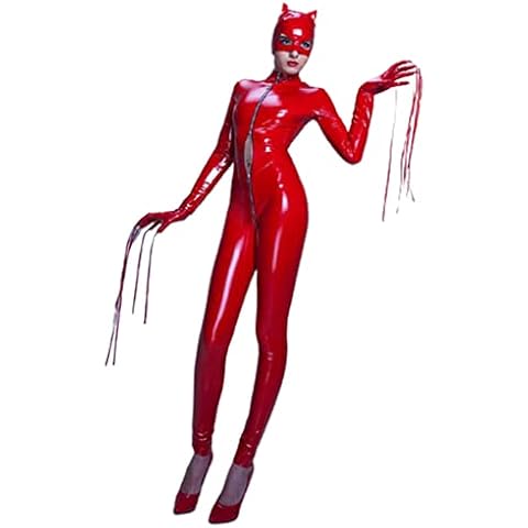 RTHOMR Halloween Cosplay Women's Latex Catsuit Stretch PVC Leather Front To Crotch Zipper Jumpsuit Bodysuit with Mask,Red,M Cover
