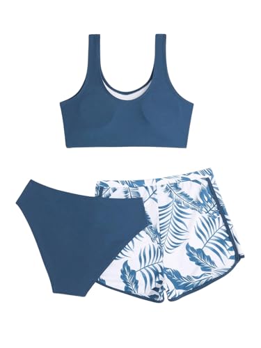 COZYEASE Girls' 3 Piece Swimsuit Tropical Print Bikini Bathing Suit with Shorts2