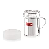 HAZEL Stainless Steel Powder Shaker with Handle and Plastic Lid Cap|Dredger with Handle |Salt and Pepper Cellar Cocoa Chocolate Powder Shaker, Capacity 310 ml, Silver