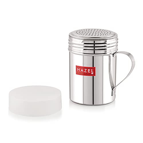 HAZEL Stainless Steel Powder Shaker with Handle and Plastic Lid Cap|Dredger with Handle (1, Silver, Masala Sprinkler with Handle)