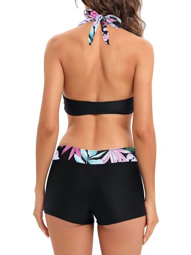 PONCEAU Women's Bikini Set Two Piece Swimsuit - Halter Neck Bathing Suit V Neck Padded Bikini with Shorts Bathing Suits Swimsuits Black Pink - Image 3