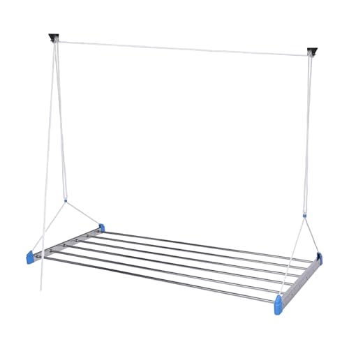 Image of Amazon Basics Stainless Steel Ceiling Cloth Dryer (Economy Model, Blue) - 6 Pipes x 6 Feet with UV-Protected Ropes & Pulley - Space-Saving Drying Stand for Balcony