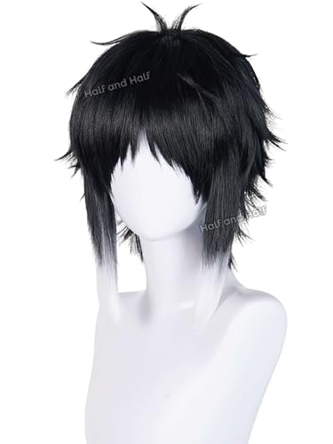 Image of Akutagawa Cosplay Wig Short Men's Black and White Anime Wig Black Male Cosplay Wig with Bangs for Women Halloween Party Costume