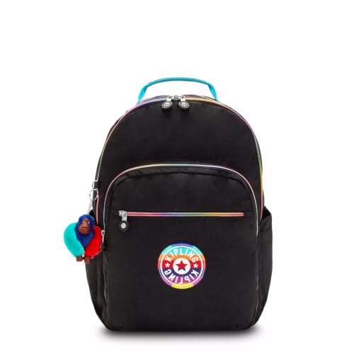 Kipling Mochila para laptop Seoul grande estampada de 15 polegadas, Verdadeiramente preto arco-íris, 12.75' L x 17.25' H x 9' D, Mochilas Daypack