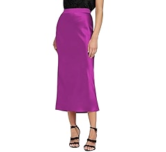 スカート [MATINKIM]glossy volume midi skirt in violet Women's Midi Skirts High Elastic Waist Simple Silk Satin