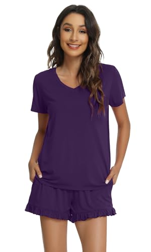 Image of WiWi Womens Pajamas Set Bamboo Viscose Super Soft Short Sleeve Top Ruffle Shorts Sleepwear Cooling Pj Sets S-XXL