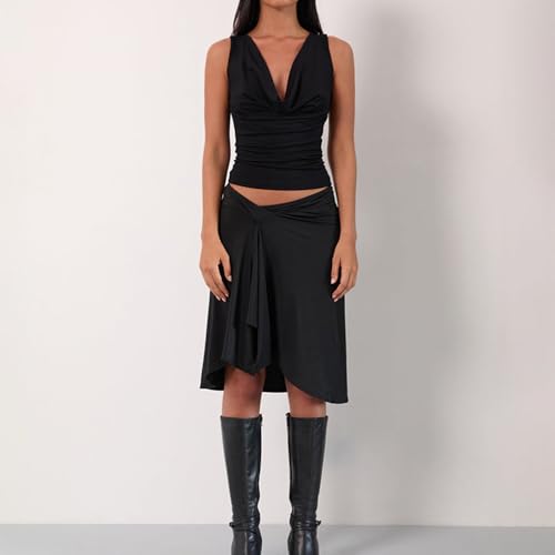 Women Y2K Low Rise Striped Midi Skirt Wrap Style Ruffle A-line Vintage Long Skirt Coquette Irregular Hem Skirts4