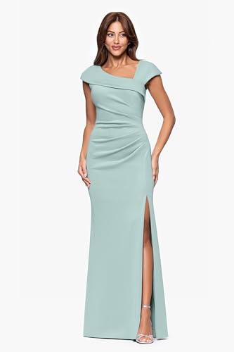 Image of Xscape Women's Long Bodycon Formal Evening Gown with Cap Sleeves, Asymmetrical Neckline, Ruched Bodice and Front Slit