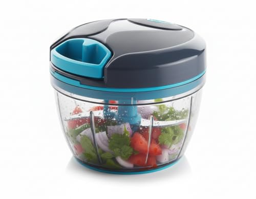 Image of Vegetable Chopper Manual Food Chopper, Black Blue, 500 Milliliters | Stainless Steel Blades, Onion Cutter, Garlic Cutter, Chilli Cutter