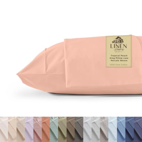 Linen Home 100% Cotton Percale Pillowcases King Size Tropical Peach, 2 Pieces of Pillow Case, Crisp and Cool Long Staple Strong Bed Linen, 20 inches X 36 inches