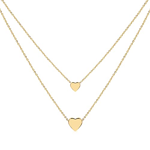 Cryshimmer Layered Heart Choker Necklace for Women 14K Gold Plated Handmade Dainty Double Hearts Pendant Layering Gold Necklaces Minimalist Jewelry Gift