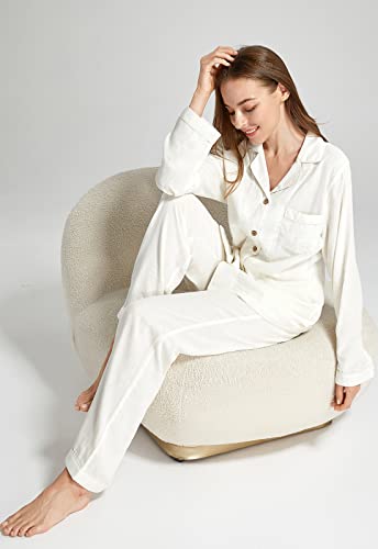 Image of Womens Muslin Pajama Set 100% Cotton Double Gauze Linen Like | Breathable Soft Comfort Button Up Loungewear Sleepwear PJ Set