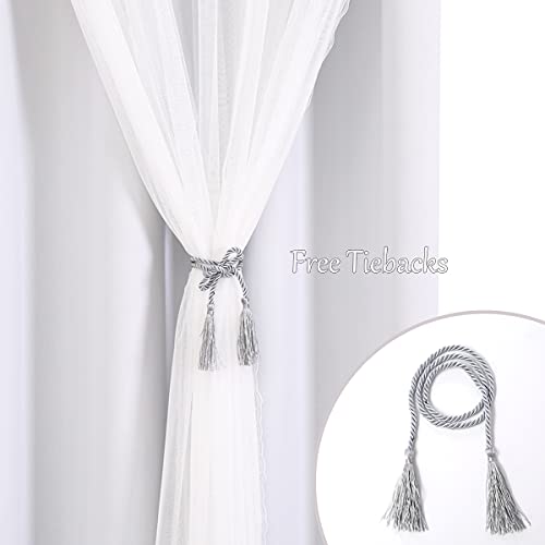 Image of Blackout Curtains 52W x 84L Set of 2 - Greyish White Double Layer Voile Sheer with Lace Hem for Bedroom Living Room