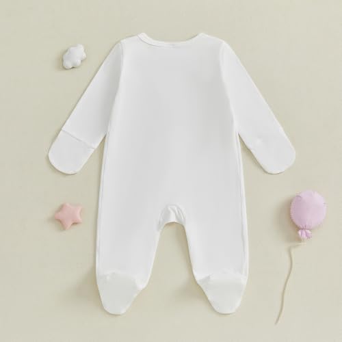 Gueuusu Newborn Boy Girl Clothes Footie Romper Letter Print Long Sleeve Jumpsuit Coming Home Outfit Neutral Baby Clothes3