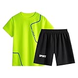 [veolaimy] スポーツウェア 男の子 女の子 夏服 半袖Tシャツ ハーフパンツ 上下セット キッズ 吸汗速乾 通気 薄手 トレーニングウェア ジュニア ゆったり カジュアル 子供服 シンプル お洒落 普段着 通学 体操服 運動会 練習着(C-ライトグリーン,140)