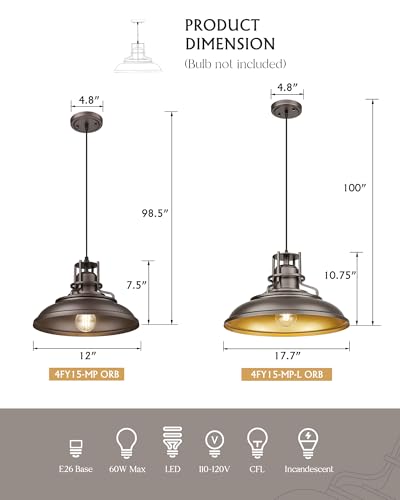 Image of FEMILA Farmhouse Pendant Light,12 inch Barn Vintage Hanging Light Fixture for Kitchen Island, Adjustable Height,Oil Rubbed Bronze Finish, 4FY15-MP ORB