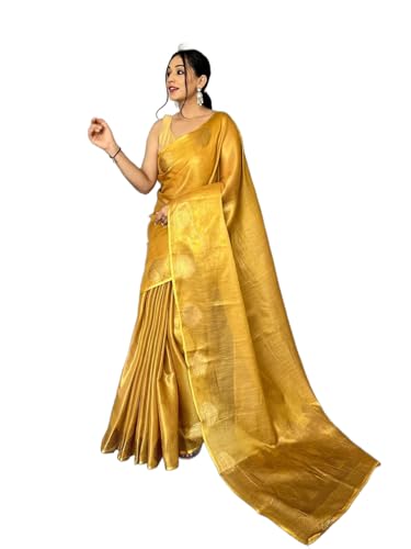 Image of SWORNOF Gold-Toned Woven Design Silk Zari Tissue Saree | Saree for Women | Soft and Skin Friendly