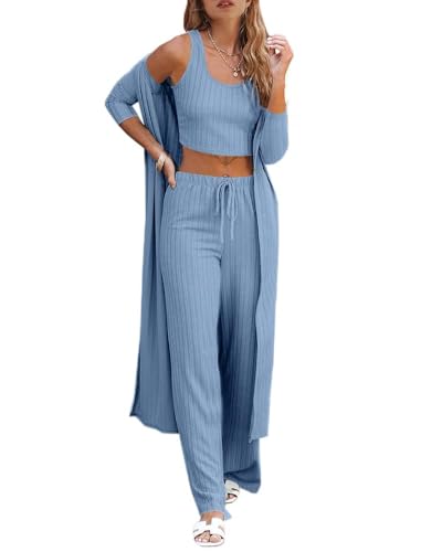 Image of Fessceruna Womens 3 Piece Lounge Pajamas Sets Cute Vacation Matching Set | Pj Sets, Airport Travel Outfits, Bedroom, Winter Fall Loungewear , Cotton, Christmas