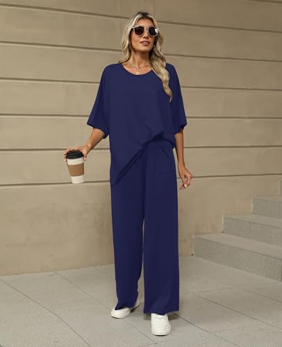 Image of KevaMolly 2 Piece Lounge Set for Women Postpartum Oversized Tops and Wide Leg Pants Soft Comfy Pajamas Set 2 Piece Outfits