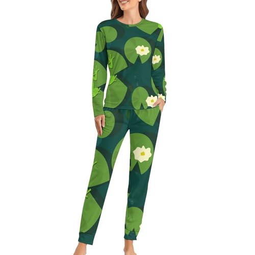 Pyjama femme grenouille à feuilles avec t-shirt manches longues et pantalon pour nuit douce