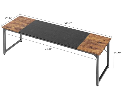 Huuger 78.7 Inch Office Computer Desk with Storage, Writing Work Desk for Home Office, Study, Gaming, Long Simple Desk, Large Legroom, Metal Frame, Rustic Brown and Black