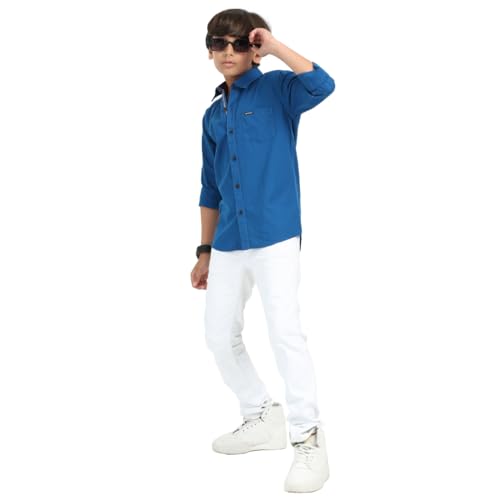 Image of ROCKET SCIENCE Boys Single Pocket Shirt | Regular Fit, Spread Collar, Full Sleeves, 100% Cotton Linen Fabric Royal Blue