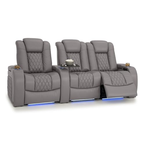 Image of Seatcraft Diamante Gray Italian Leather Home Theater Seating, Zero Gravity Power Recliner Gaming and Home Office Chair, Powered Headrest Lounge Sofa Furniture for Cinema Room, Row of 3 Right Loveseats