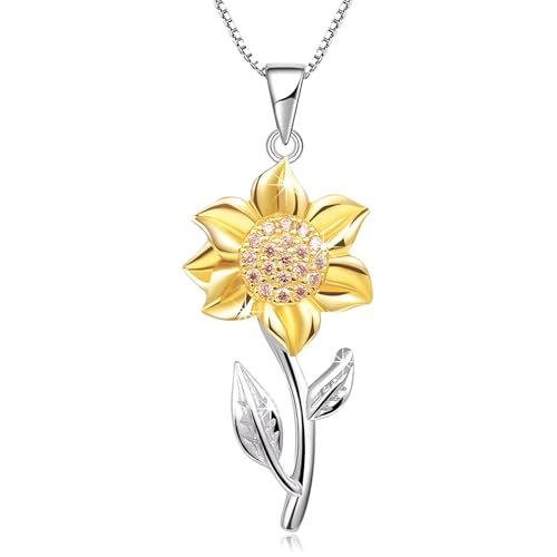 Sunflower Sterling Silver Pendant Necklace & Bracelet - 18K Gold Plated CZ Sunflower Flower Jewelry for Women - Perfect for Christmas & Birthday Gifts