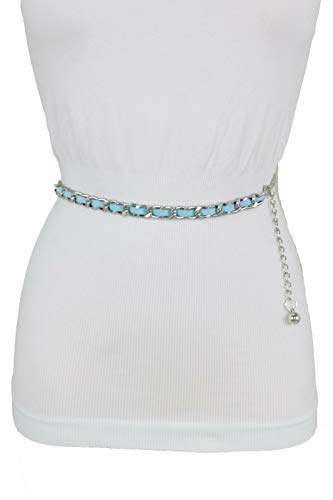 TFJ Women Fashion Belt Silver Metal Chain Links Hip High Waist Skinny Turquoise Blue M L XL4