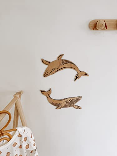 Nursery Wall Decor - Wooden Whales 2 pcs - KIds Room Decoration - Boho Aesthetic Plaque