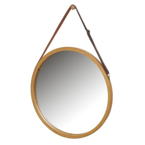 LOLAhome Espejo con Correa Ajustable de Polipiel, Marco de Bambú Natural, Espejo de Pared Redondo/Ovalado, Espejo de Pared para Baño, Comedor, Salón, Entrada (Redondo 38 cm)
