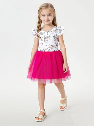 Infant Toddler Baby Girls Dress Dinosaur Ruffle Sleeveless Dresses Dark Pink Tulle Tutu Skirt Outfit Clothes Set2