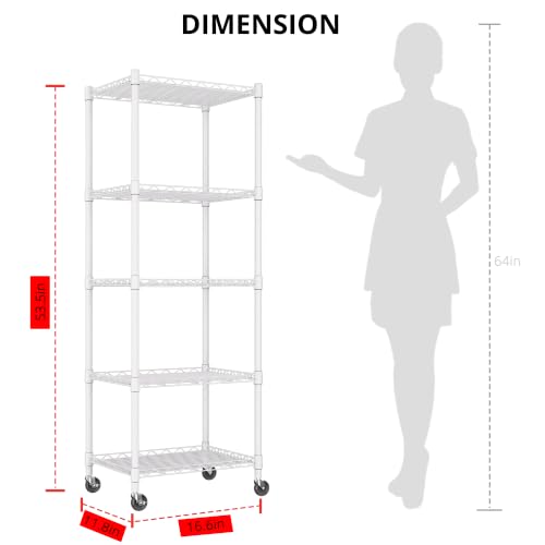 Image of REGILLER 5-Wire Shelving Metal Storage Rack Adjustable Shelves,Standing Storage Shelf Units for Laundry Bathroom Kitchen Pantry Closet(White,11.8 inch D x 16.6 inch W x 53.5 inch H,With Wheels)