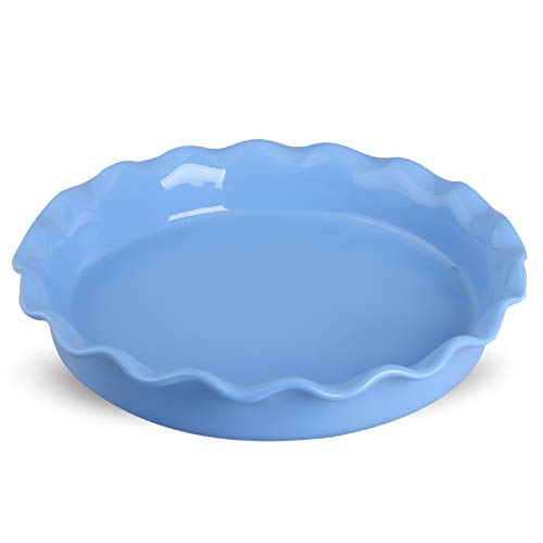 DUS Porcelain Large Pie Pan Pie 10 Inches Deep Plate Pie Dish Baking Dish Pan with Ruffled Edge for Apple Pie Dessert, Blue
