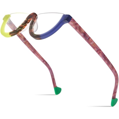 Image of HEPIDEM Matte Multicolor Acetate Glasses Frame Women,Semi Rimless Round Optical Eyeglasses