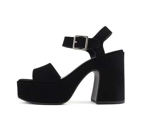 Soda Launch ~ Women Open Toe Ankle Strap Platform Chunky High Heeled Sandal (Black Nubuck, 7.5)