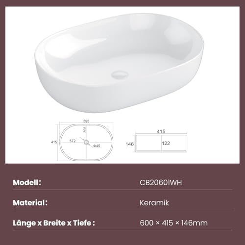 EMKE Waschbecken – Aufsatzwaschbecken Oval, 60 x 41 x 13 cm, Weiß, Kratzfest Waschbecken Bad, Leicht zu Installieren & Reinigen, Waschtisch für Bad & Gäste-WC