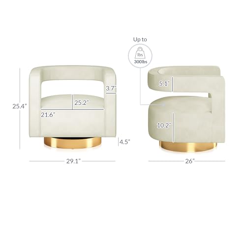 Image of BELLEZE Swivel Barrel Accent Chair Set of 2, Modern Upholstered Arm Comfy Velvet Curved Back Round Chair with Gold Base Wood Frame, 360 Degree for Living Room Bedroom Office,Ivory