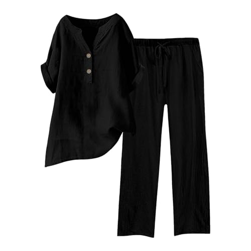 Ensemble 2 pièces en lin femme pantalon large été fluide décontracté uni