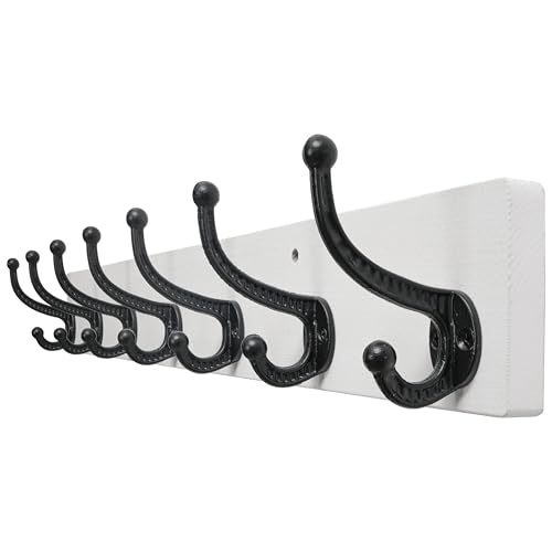 WEBI Rustic Coat Rack Wall Mount,30" Long 7 Cast Iron Coat Hooks Wall Mounted,Heavy Duty Wood Wall Coat Hanger Hooks for Hanging Coats,Jacket,Clothes,Backpack,Farmhouse,Black on White