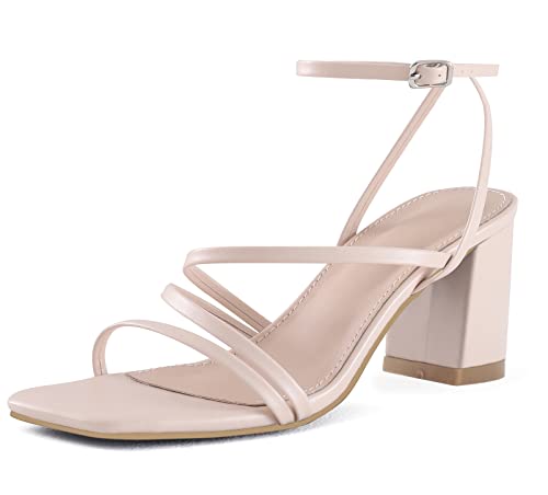 Image of LACUONE Strappy Heels for women Block Heels Square Toe Chunky Ankle Buckle Pump Heeled Sandals