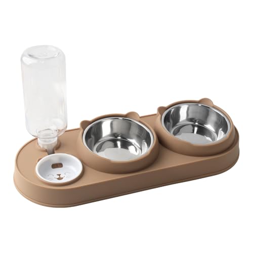 Luckwaii Conjunto de tigelas 3 em 1 para comida e água para gatos, tigelas de aço inoxidável com suporte inclinado, tigelas duplas para comida para gatinhos com dispensador de água, estação de