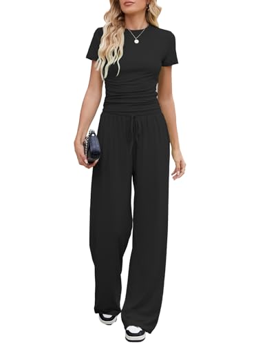 Nimsruc Women's 2 Piece Lounge Sets For Women Summer 2025 Ruched Short Sleeve Tops Wide Leg Pant Sets Tracksuit