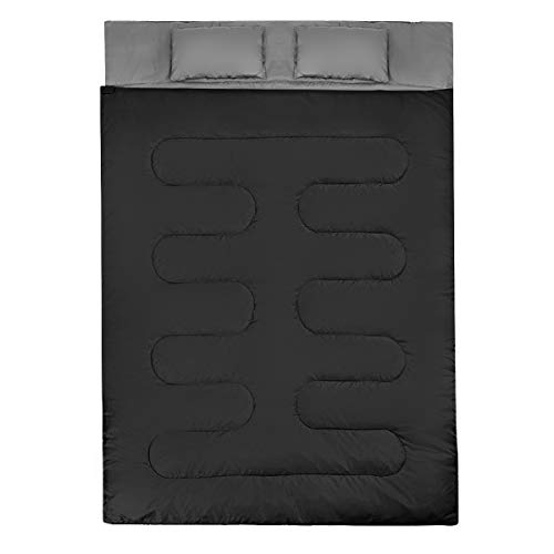 GYMAX Saco de Dormir Doble 2 en 1 para 2 Personas, 0–15 °C, Ligero y Resistente al Agua, con 2 Almohadas y Bolsa de Transporte, Negro/Gris