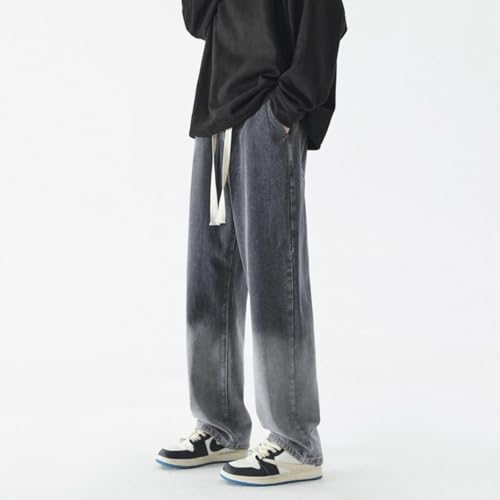 Jeans Pants Trousers Denim Washed Gradient Versatile Drawstring Straight Loose Comfortable Long Men's2