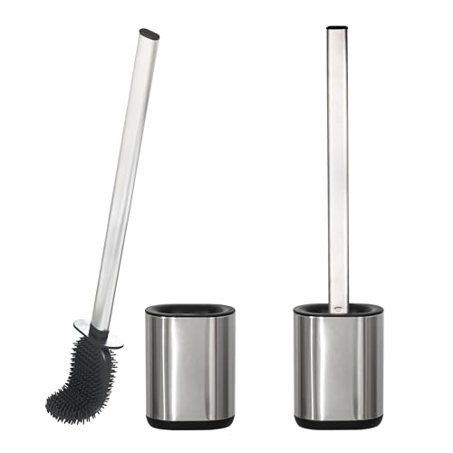 Sineng Silicone Toilet Brush and Holder Set 2Pack Stainless Steel Toilet Cleaning Brush One-Piece Long Handle Flexible Compact Modern RV Toilet Bowl Brush for Bathroom