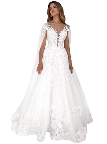 yinyyinhs Lace Appliques Wedding Dresses for Bride Long V Neck Tulle Chiffon A-Line Sleeveless Bridal Ball Gown for Women